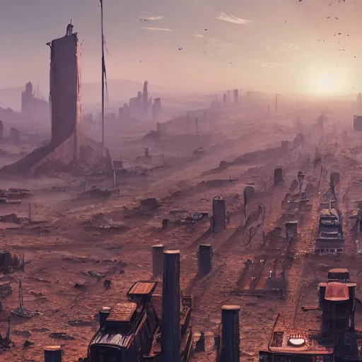 Prompt: highly detailed painting view from bird's eye lively small but tall town with skyscrapers and chimneys in the middle of nowhere/wasteland [endless empty desert]:10 in Mad Max style trending on Artstation, 4K, high quality