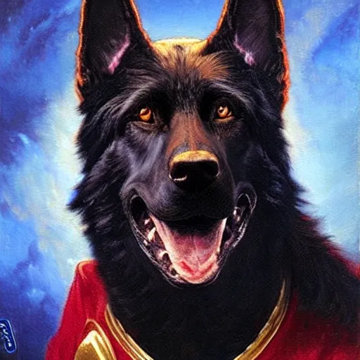 Image similar to a portrait of a black german shepard dogman canine star trek captain red shirt. highly detailed painting by gaston bussiere, craig mullins, j. c. leyendecker, furry