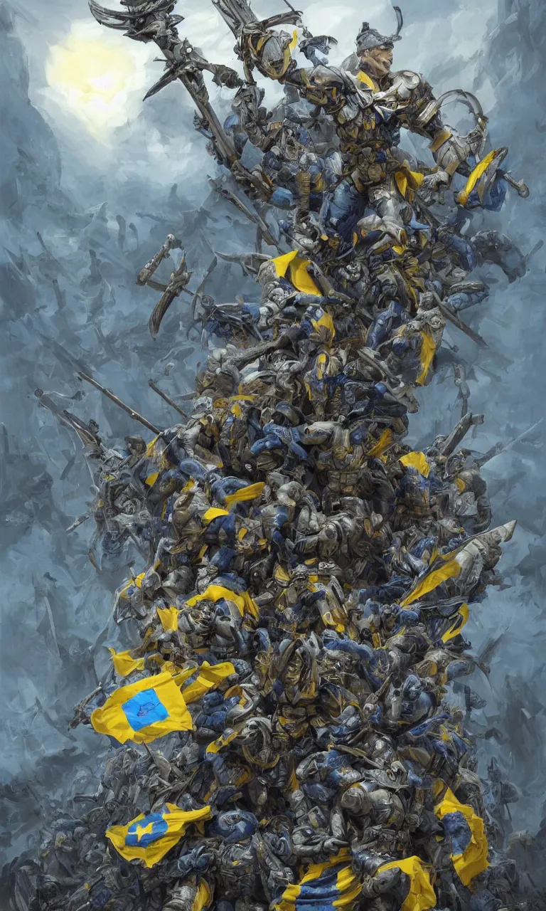 Image similar to a distant shot of a super soldier with blue and yellow flag and a trident symbol standing alone on a huge pile of skulls as a winner, masculine figure, D&D, fantasy, intricate, elegant, highly detailed, extremely detailed, digital painting, artstation, concept art, matte, smooth, sharp focus, illustration, art by Artgerm and Greg Rutkowski and Alphonse Mucha