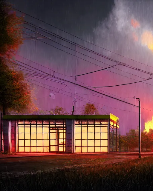 Image similar to a beautiful photorealistic illustration of urbex nature fire station building abandoned unfinished building by renzo piano, liberty city infrared cosmic at dusk neon signs at dawn otherworldly at fall azeroth meadow cgsociety vice city alien rainforest studio ghibli fantasy mercury lake retro, archdaily, wallpaper, highly detailed, trending on artstation.