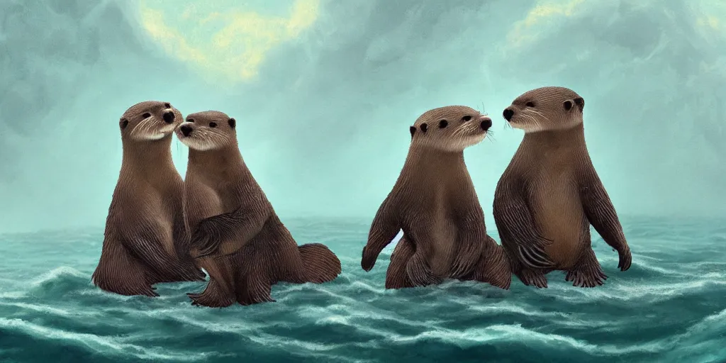 Prompt: Two adorable otters falling in love holding hands side by side, all alone in the middle of a scary storm at sea, fantasy illustration, cinematic, award winning, romantic, detailed trending on artstation, masterpiece