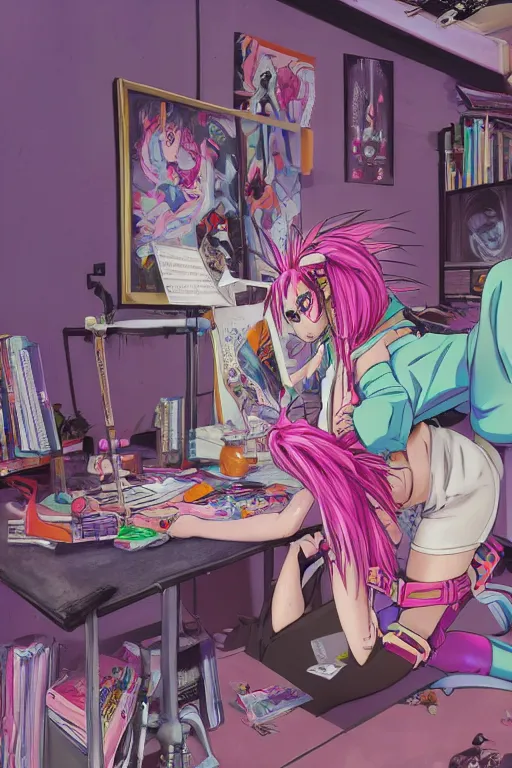 Image similar to concept art painting of an anime cybergoth girl with pink dreads on the floor reading a book in a cluttered 9 0 s bedroom, artgerm, jamie hewlett, toon shading, cel shading, calm, tranquil, vaporwave colors, rendered by substance designer, lifelike,