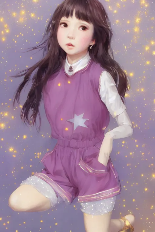 Prompt: Full View portrait of Eunha from Viviz and gFriend with short hair wearin purple overall shorts, short puffy pants, white tights covered in stars, Golden Ribbon, and a billowy scarf making a cute pose. masterpiece 4k digital illustration by Ruan Jia and Mandy Jurgens and Artgerm and greg rutkowski and Alexander Tsaruk and WLOP, award winning, Artstation, art nouveau aesthetic, Alphonse Mucha background, intricate details, realistic, panoramic view, Hyperdetailed, 8k resolution, intricate art nouveau