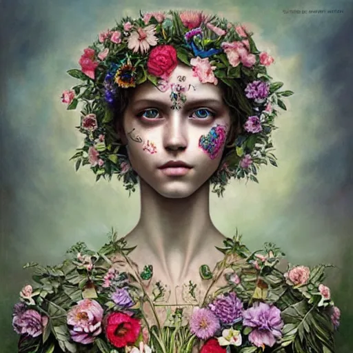 Prompt: humanoid robot, flowers growing on skin, highly detailed, trees, expressive eyes, beautiful symmetric body, perfect proportions, highly intricate, art by tom bagshaw and alex gray