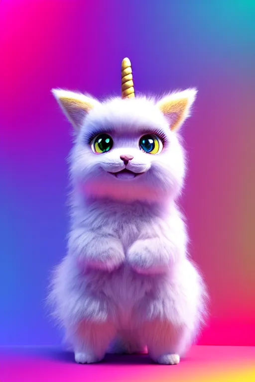 Image similar to high quality 3 d render hyperrealist very cute multicolor stripped fluffy! unicorn kitty, kittycorn, rainbow, hybrid highly detailed, vray smooth, in the style of detective pikachu, hannah yata charlie immer, dramatic pink light, low angle, uhd 8 k, sharp focus