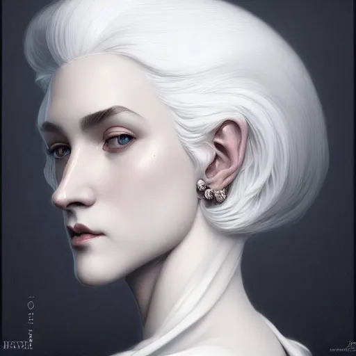 Prompt: white haired aristocrat, bust portrait, gentle, solemn face, cloth, female, city landscape, d & d, fantasy, intricate, elegant, digital painting, white grey color palette, artstation, octane render, concept art, matte, sharp focus, illustration, herrarthstone, art by artgerm and greg rutkowski and alphonse mucha