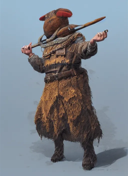Prompt: detailed full body concept art illustration, soft focus, oil painting on canvas of an anthropomorphic capybara fisherman in full intricate clothing, biomutant, dystopian, micro detail, octane render, 4K
