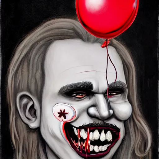 Image similar to grunge cartoon painting of kanye with a wide smile and a red balloon by chris leib, loony toons style, pennywise style, corpse bride style, horror theme, detailed, elegant, intricate