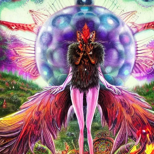 Image similar to 8K Portrait of centered chest up of a psychedelic godlike mothman shaman with moth face and giant mandala wings smoking a hand-rolled cigarette smoking heavily , magic mushroom village in background , post-processing , award winning. superb resolution. in the art style of junji Ito and greg rutkowski . Detailed Mushroom city in background. Hyper realistic anime. Perfect art. Dalle2