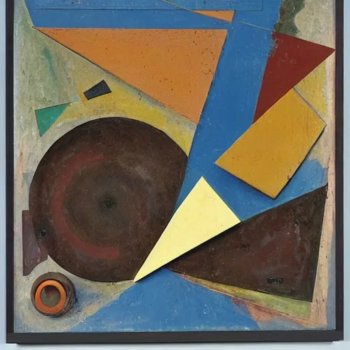 Image similar to an artwork by max ernst and kurt schwitters, mix of geometric and organic shapes, both bright and earth colors