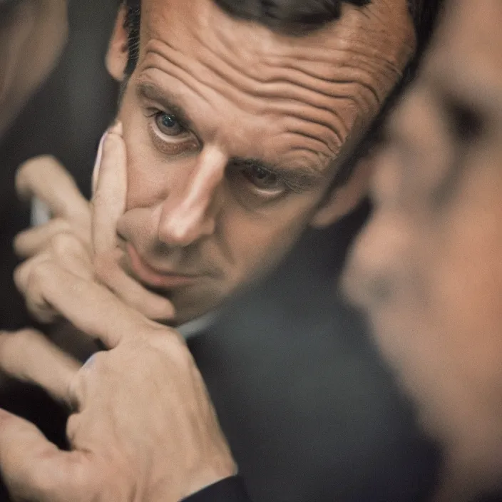 Prompt: very detailed and textured photo portrait of Emmanuel Macron, by Steve McCurry, cinestill 800t 18mm 4k