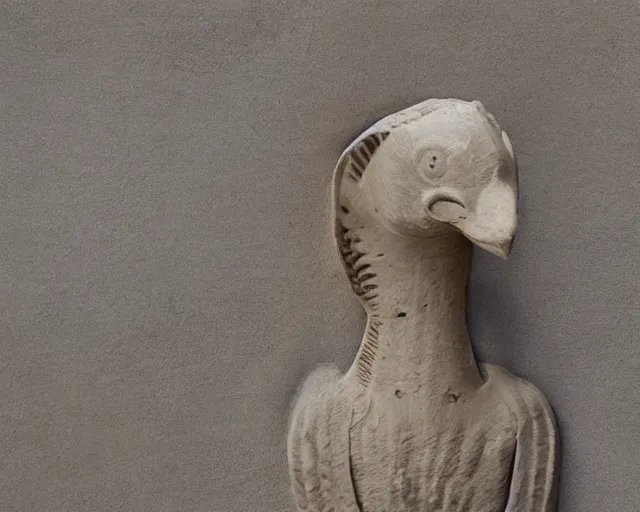 Prompt: an ancient effigy of an anthromorphic bird, clay sculpture, photograph, zoomed out