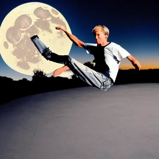 Image similar to tony hawk , skating in front of the moon