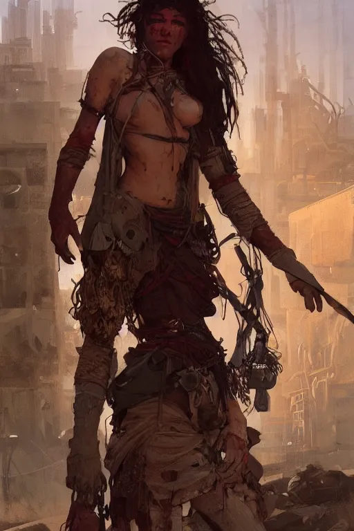 Image similar to a full body portrait of a beautiful post apocalyptic offworld harbor district bedouin blind pulp fiction scarlet wild rogue barbarian leper begging by the roadside, intricate, elegant, highly detailed, digital painting, artstation, concept art, smooth, sharp focus, illustration, art by krenz cushart and artem demura and alphonse mucha