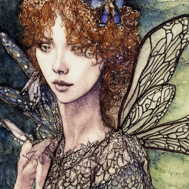 Image similar to a detailed, intricate watercolor and ink portrait illustration with fine lines of young 1 4 year old scarlett johannson as a fairy with dragonfly wings from her shoulders in a dress, by arthur rackham and edmund dulac and lisbeth zwerger