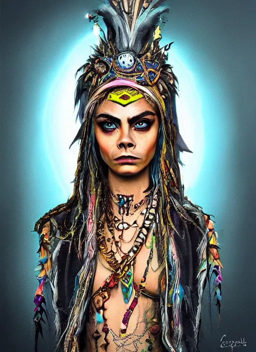 Image similar to cara delevingne as a voodoo priestess, detailed digital art, trending on Artstation