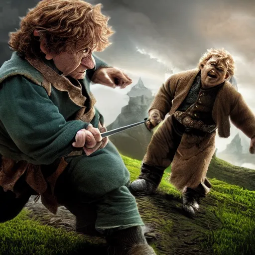 Image similar to Bilbo Baggins fighting an orc detailed 4K digital art