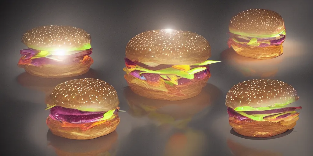 Prompt: a murano hamburger hybrid, digital art, dramatic product lighting