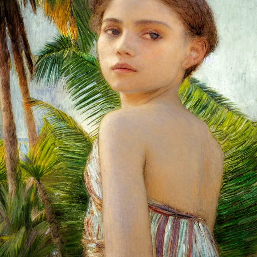 Image similar to a ultradetailed beautiful painting of a girl in the amazonas palace balustrade designed by jules bastien - lepage, hans belmer, frank weston and gustave baumann, beach, trending on artstation, mediterranean, palm trees, refracted color sparkles, sharp focus, soft light, 8 k 4 k