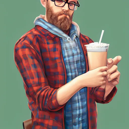 Prompt: hipster wizard plaid shirt in glasses with milkshake and iphone in the hands, fantasy, intricate, elegant, highly detailed, digital painting, artstation, concept art, matte, sharp focus, illustration, hearthstone