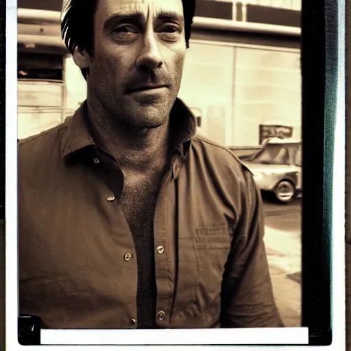 Prompt: polaroid picture, sepia, homeless jon hamm in the streets of houston, unshaved, perfect face, symmetrical face, fine details, day setting, ethereal, trending on artstation