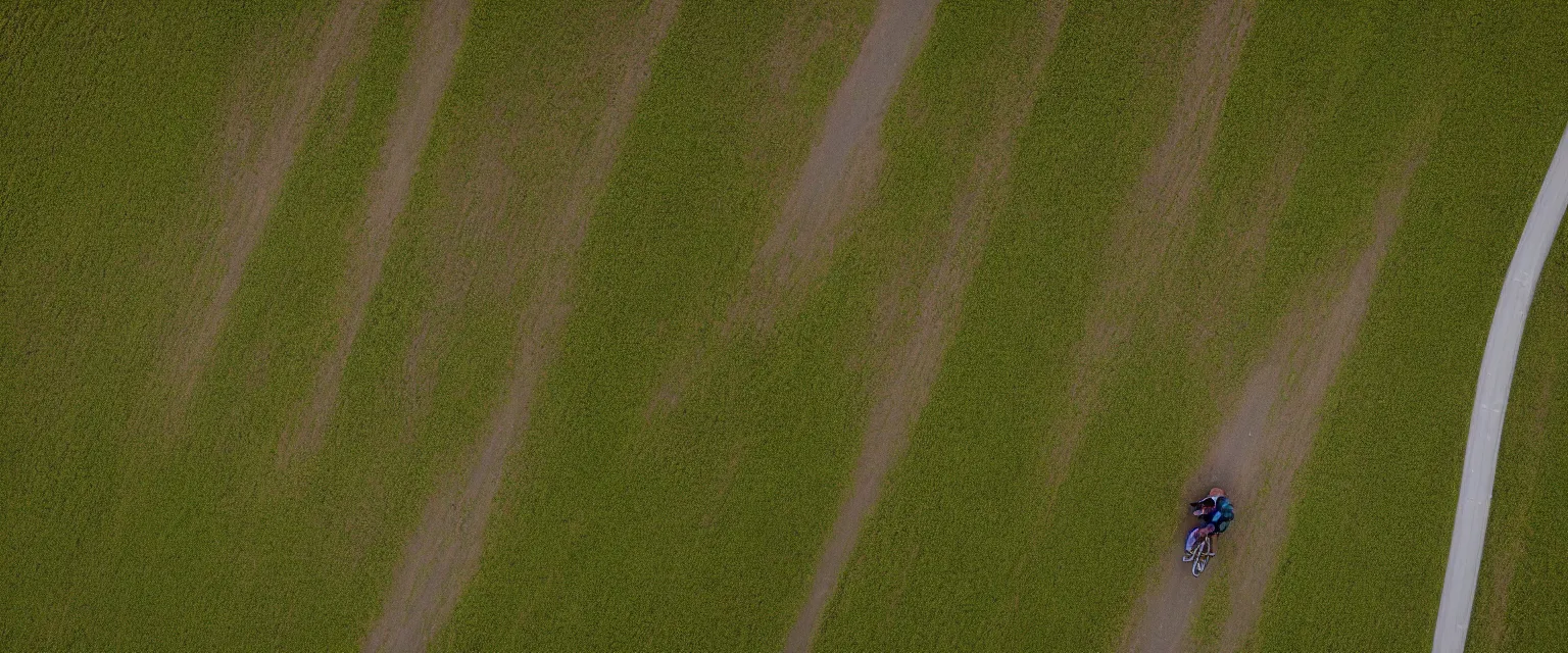 Prompt: Overhead view of a person riding a bicycle on a farm road in Idaho, by Emmanuel Lubeski, anamorphic lens, 4k,