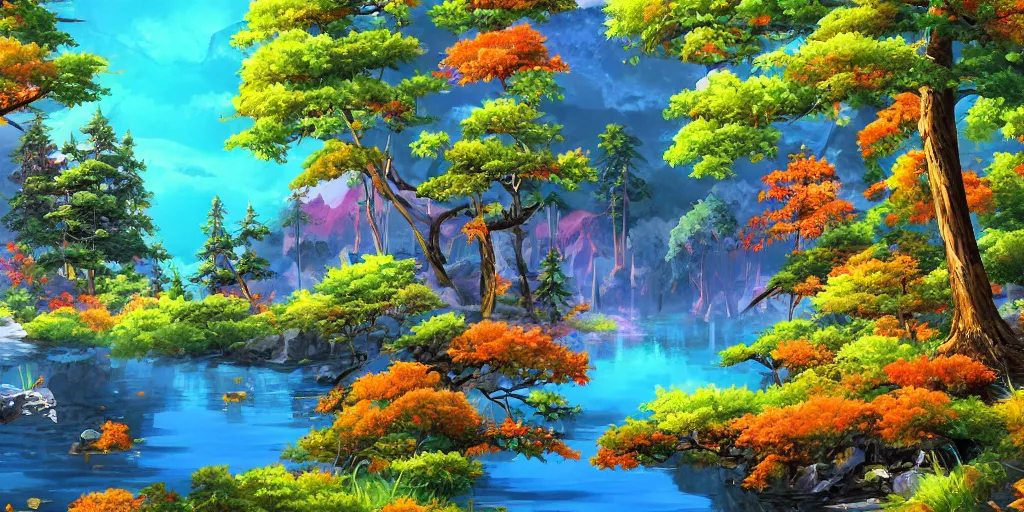 Prompt: high detail sharp anime gouache background , colorful forest house near lake , panorama painting by by chun li
