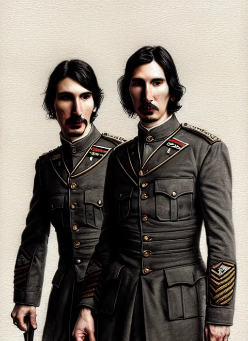 Image similar to a portrait of john oliver standing next to adam driver, stoic, full body, military uniform, fantasy, intricate, elegant, beautiful, highly detailed, charcoal, centered, dark, smokey, digital painting, artstation, concept art, smooth, sharp focus, illustration, art by artgerm and greg rutkowski and alphonse mucha