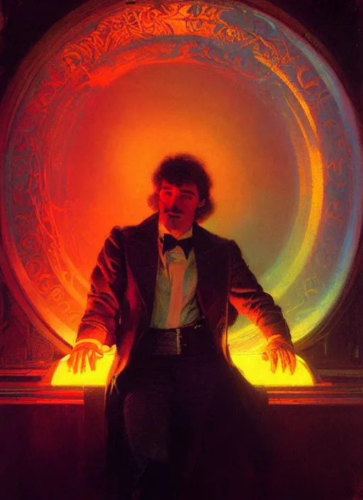 Image similar to portrait of eddie munson joseph quinn. 8 0's neon retro. lights, glow, magical. dark background. illustration by gaston bussiere, gerome, craig mullins, greg rutkowski, john singer sargent.