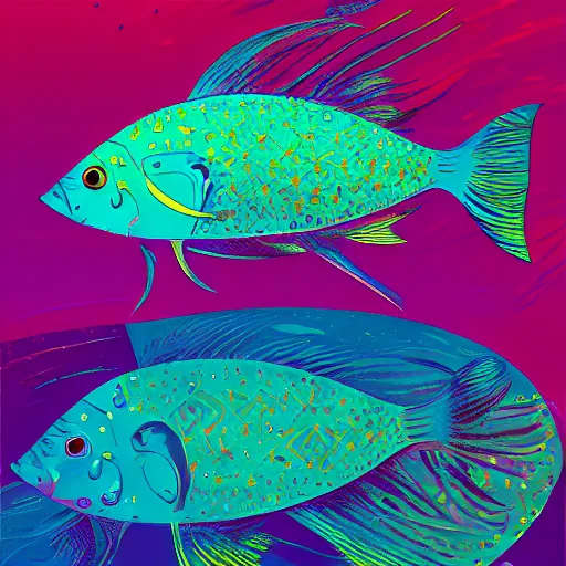 Image similar to one highly stylized fish with saturated colors viewed in profile in the dark ocean filled with complex sparkles and patterns, artstation, intricate, realistic, highly detailed, digital painting, concept art, sharp focus, 1 9 6 0 s, illustration by tom whalen and charles williams and kilian eng and james jean