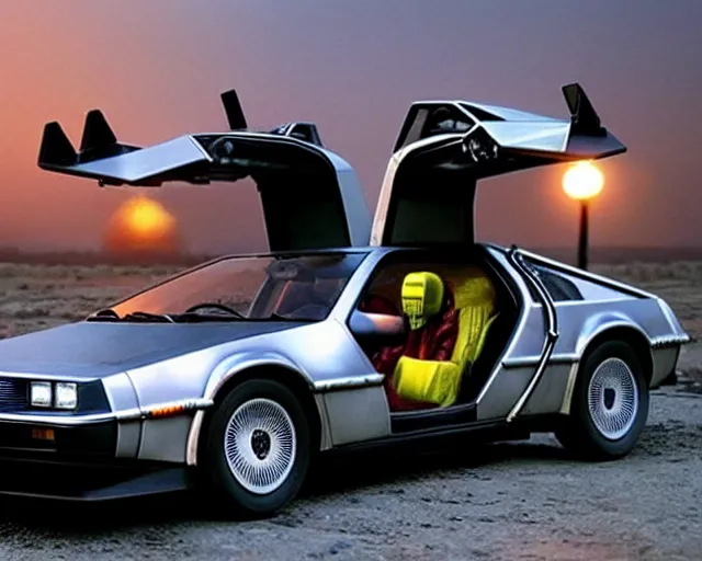 Prompt: doc brown and the delorean at the end of the world