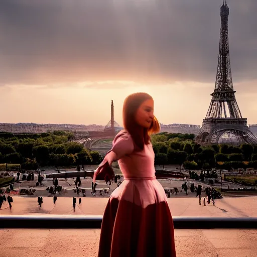 Prompt: an 18 year old woman dancing in front of the eiffel tower in the year 2154, dramatic lighting