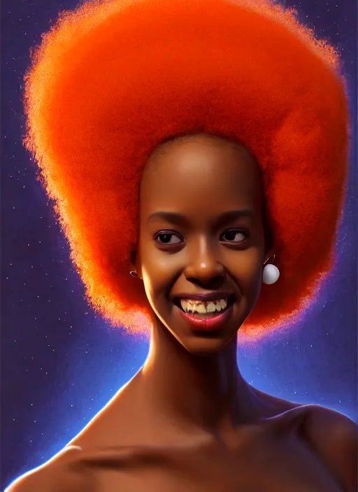 Image similar to portrait of shy black girl, realistic, natural hair, afro puffs, pointy nose, skinny, smile, nerdy, defined jawline, big chin, orange hair bow, earrings, intricate, elegant, glowing lights, highly detailed, digital painting, artstation, sharp focus, illustration, art by wlop, mars ravelo and greg rutkowski