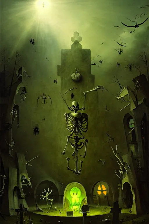 Image similar to hieronymus bosch, greg rutkowski, anna podedworna, painting of a cybernetic skeleton grim reaper floating down from the clouds, god rays, wide shot of a graveyard lit by spooky green lights