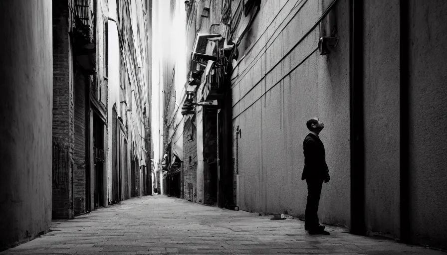 Prompt: photorealistic 1 6 mm, f / 1. 4, iso 2 0 0, shutter speed 2, on tripod. focused on a person standing in a long dark alleyway. in - between two tall buildings. light spilling from small windows lighting up their sides