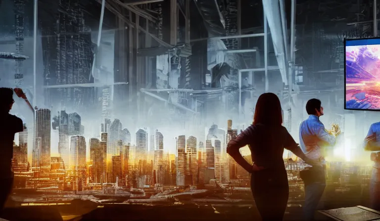 Prompt: group of people in simple warehouse, looking at hologram of futuristic city on a table, cinematic concept art, godrays, golden hour, natural sunlight, 4 k, clear details, tabletop model buildings, center model buildings, hologram center, crane shot, crane shot, crane shot