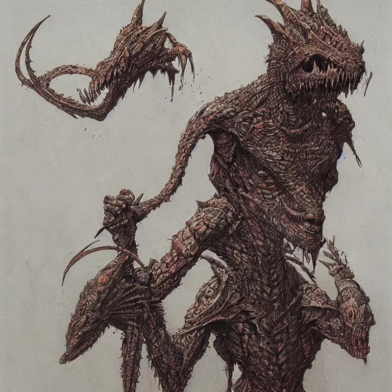 Image similar to lizardman warrior concept, tribal, beksinski an moebius