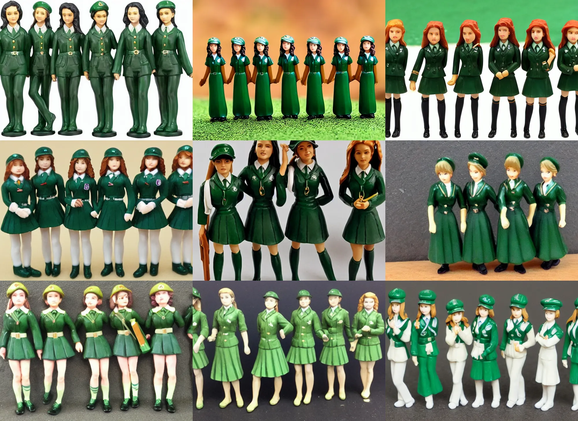 Prompt: Image on the store website, eBay, Full body, 80mm resin detailed miniature of five school girls in deep green uniforms, caps