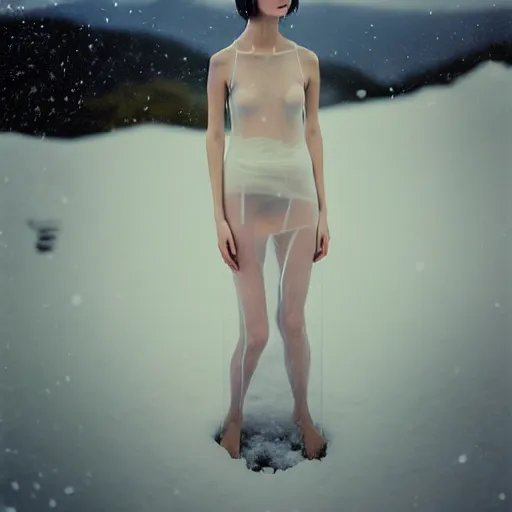 Prompt: a instax photo of fuji mountain, a tall japanese girl in a transparent sheer fabric dress against the background of fuji mountain, perfect faces, fine details, severe snow, full body shot, perfect symmetrical body, coherent symmetrical eyes, by peter kemp, by monia merlo, hyperrealistic, hyperdetailed, octane render, 8 k