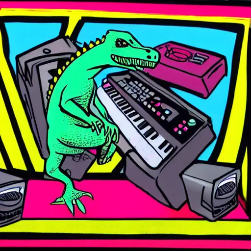 Prompt: 80s graffiti art style marker drawing of a dinosaur holding a synthesizer standing on a large speaker