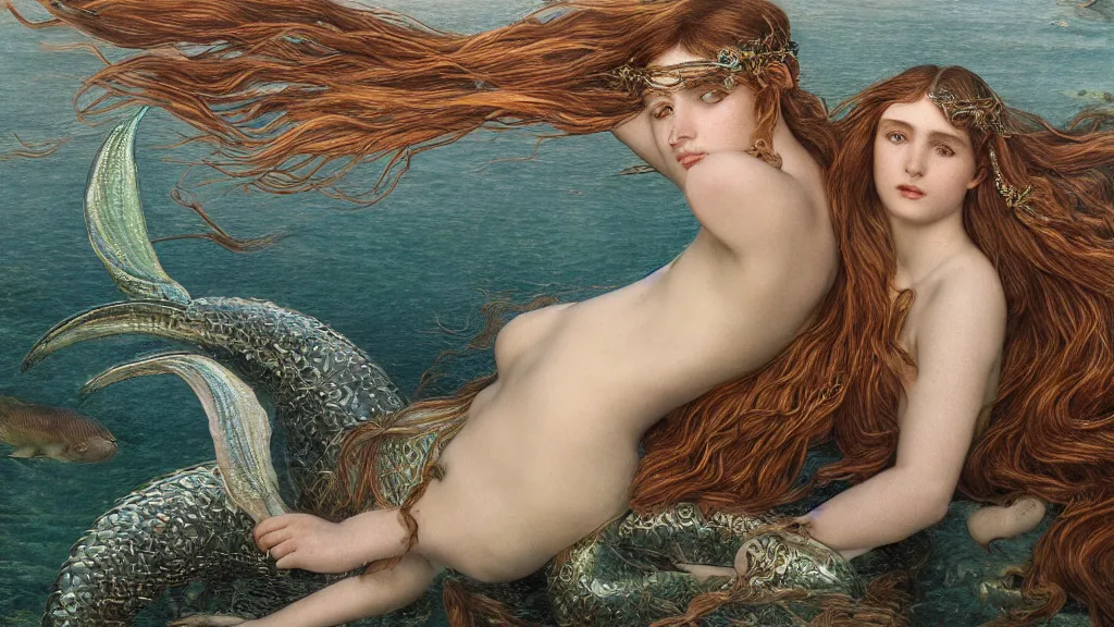 Prompt: by pre - raphaelite brotherhood, fine art, 8 k, lonely, lumen global illumination, insanely detailed and intricate, hypermaximalist, elegant, ornate, hyper realistic, super detailed, mermaid