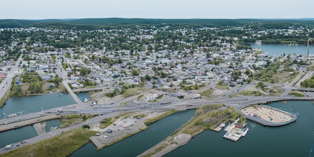 Image similar to bird's eye view of a small city, trailer park, a road, bridge, and inlet with docking area. town hall. photography