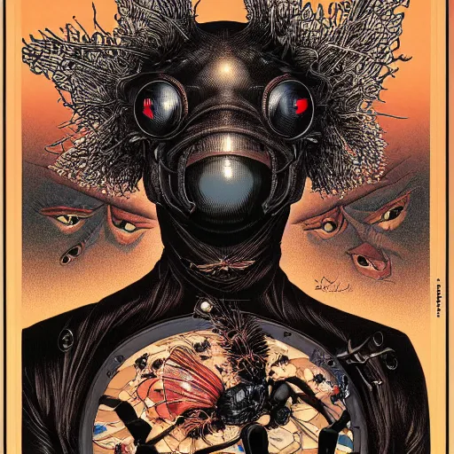 Image similar to portrait of crazy black fly man, symmetrical, by yoichi hatakenaka, masamune shirow, josan gonzales and dan mumford, ayami kojima, takato yamamoto, barclay shaw, karol bak