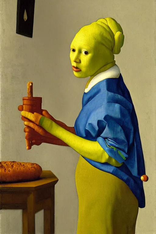 Prompt: person in frog pants drinking hotdog water, vermeer, oil on canvas
