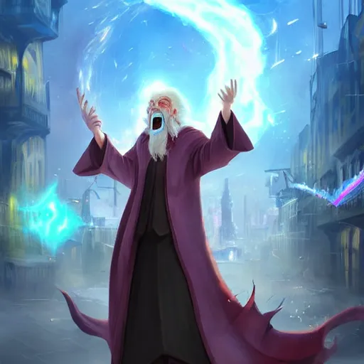 Image similar to a wizard that looks like an average person destroying a city with magic while laughing and flying, high quality digital art trending on artstation