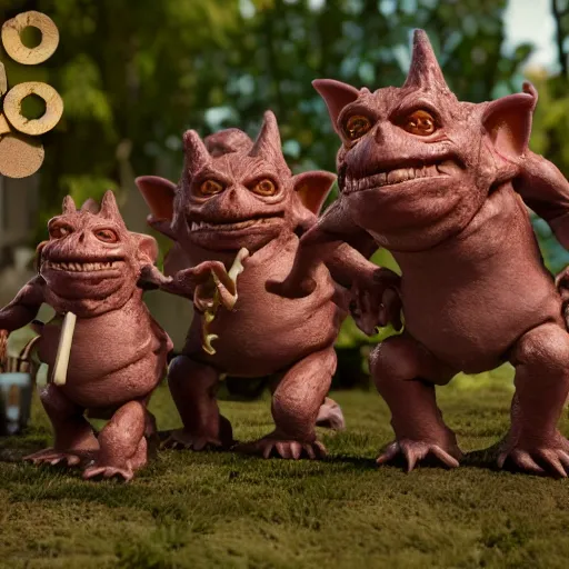 Image similar to autochrome photo of vintage disgusting brown Boglins, plastic goblin monster toys in a backyard garden, kaiju, oni, realistic, octane render