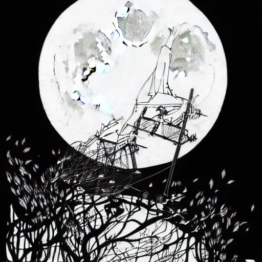 Image similar to full moon, style of shuzo oshimi, black outline, on white, smooth, thin sharp lines, detailed