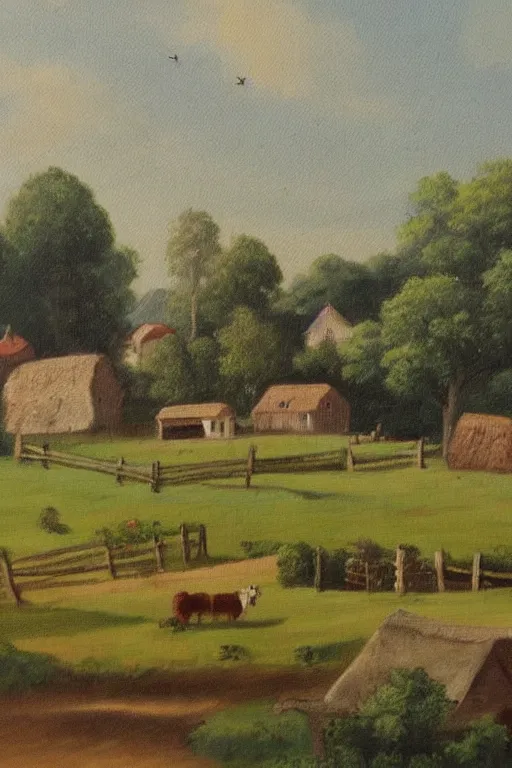 Image similar to antique painting of countryside village farm