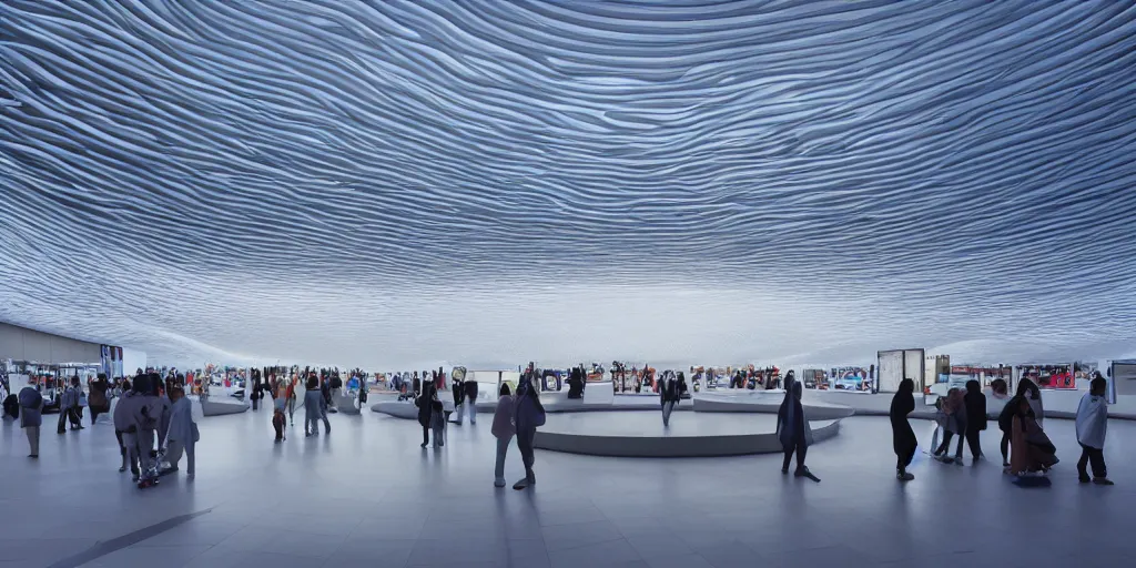 Prompt: extremely detailed awe ornate stunning beautiful futuristic smooth curvilinear elegant retail apple store interior by zaha hadid, stunning volumetric light, stainless steel, concrete, translucent material, beautiful sunset, hyper real, 8 k, colorful, 3 d cinematic volumetric light, atmospheric light