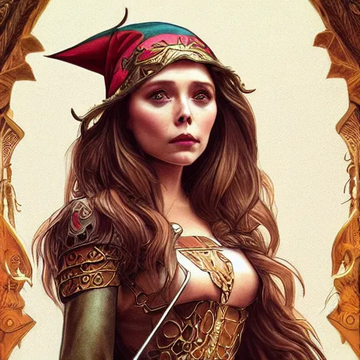 Image similar to Elizabeth Olsen as a elf archer, cute, fantasy, intricate, elegant, highly detailed, centered, digital painting, artstation, concept art, smooth, sharp focus, illustration, art by artgerm and H R Giger and alphonse mucha